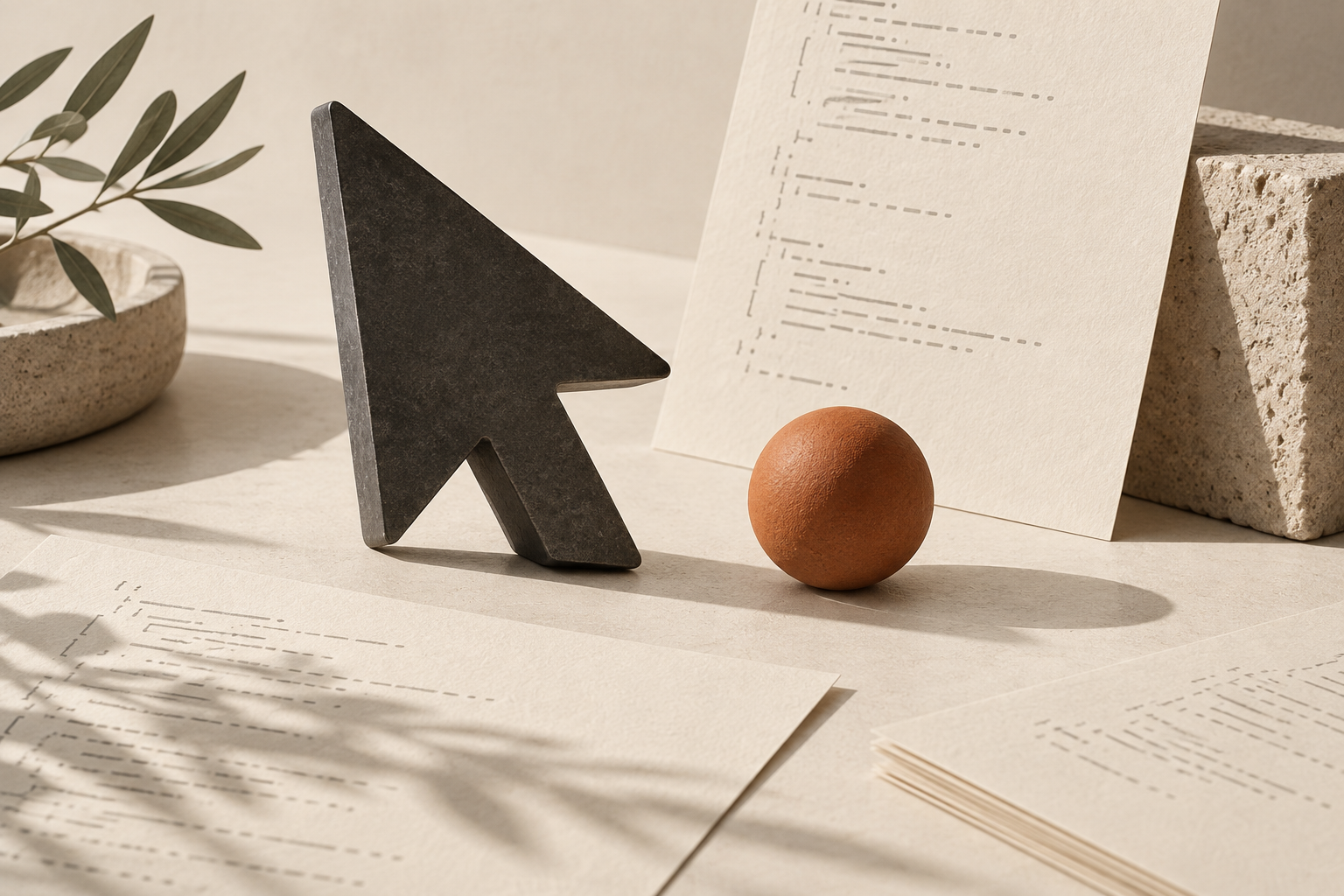 Graphite cursor, cream paper, and a terracotta sphere on a wooden desk.