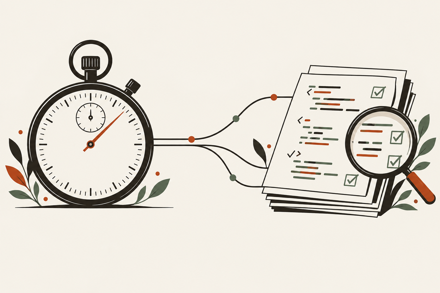 A stopwatch beside reviewed code sheets, illustrating time spent and work completed.