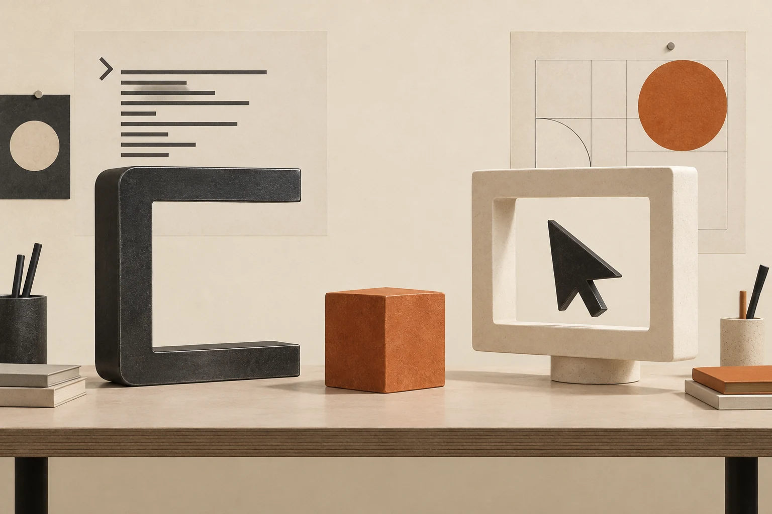 A charcoal bracket and cream screen frame share an orange block.