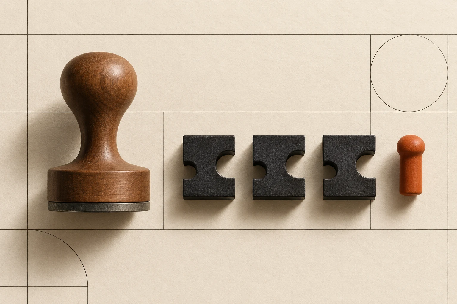 A wooden stamp beside three matching charcoal modules and an orange peg.