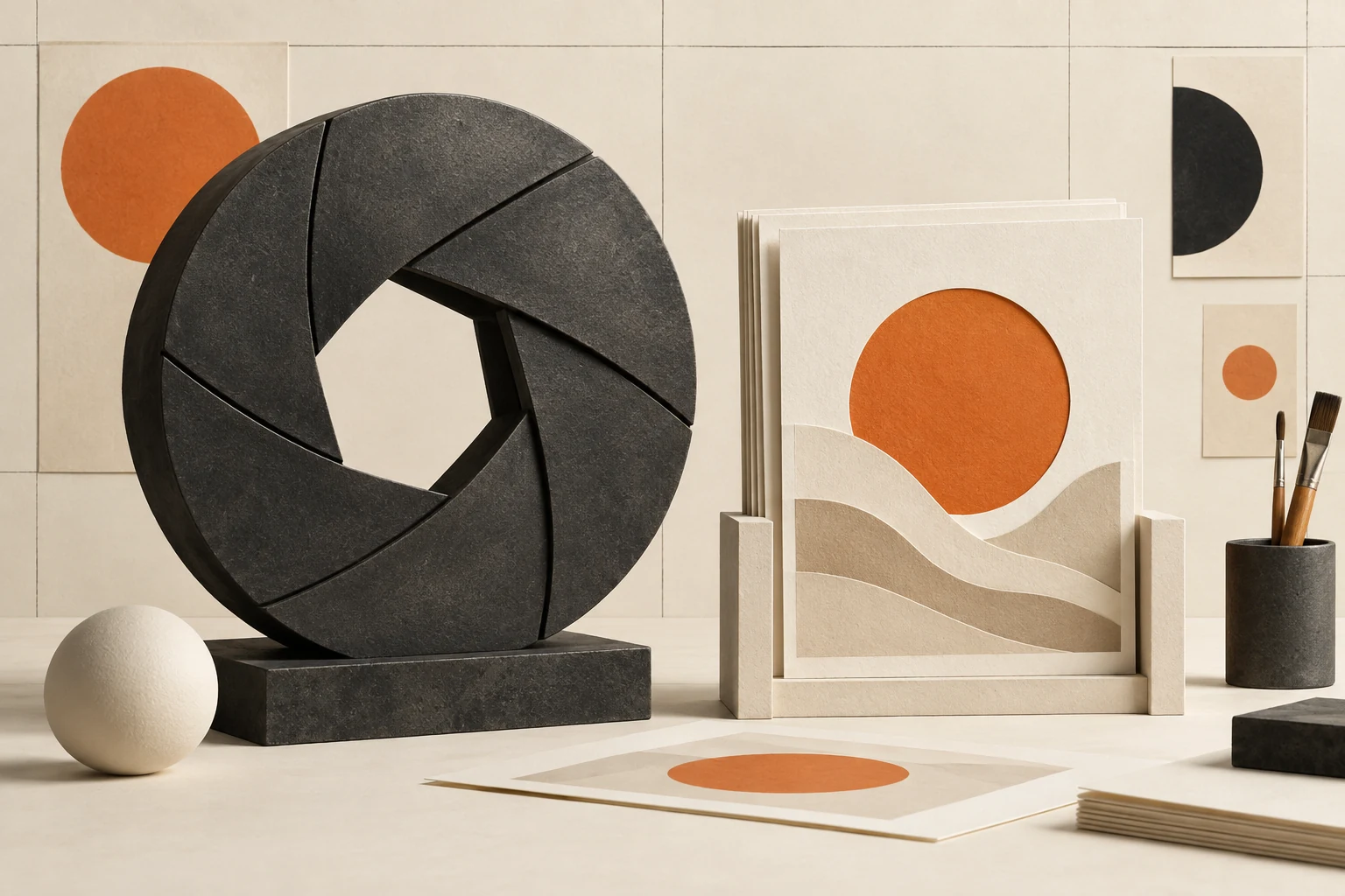 A charcoal camera aperture beside layered paper artwork with an orange circle.