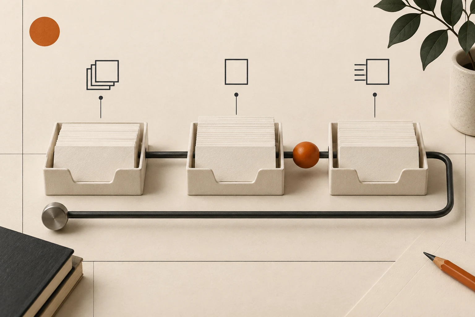 Three trays of blank cards connected by a dark rail and an orange bead.