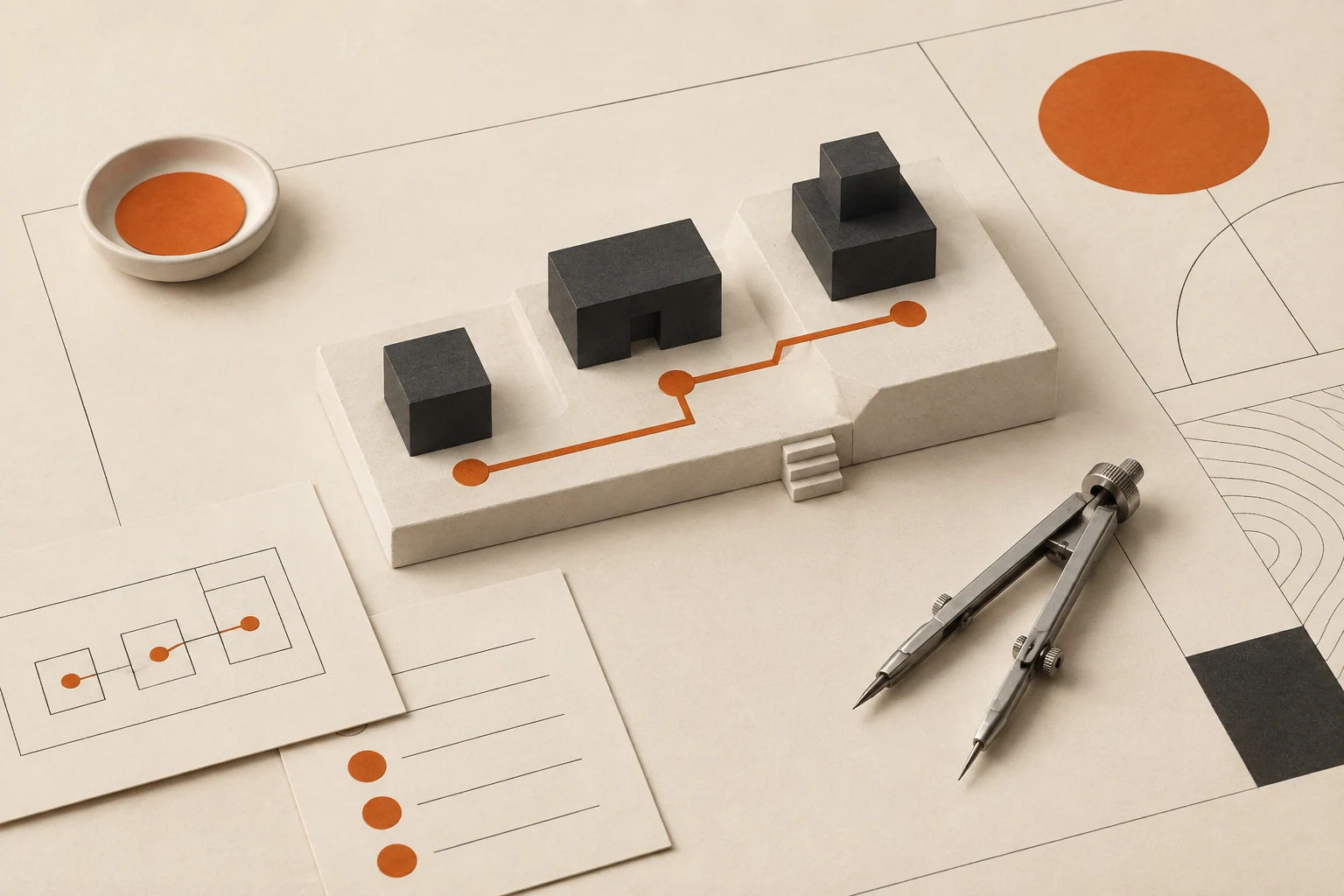Charcoal building blocks linked by an orange path on a paper plan.