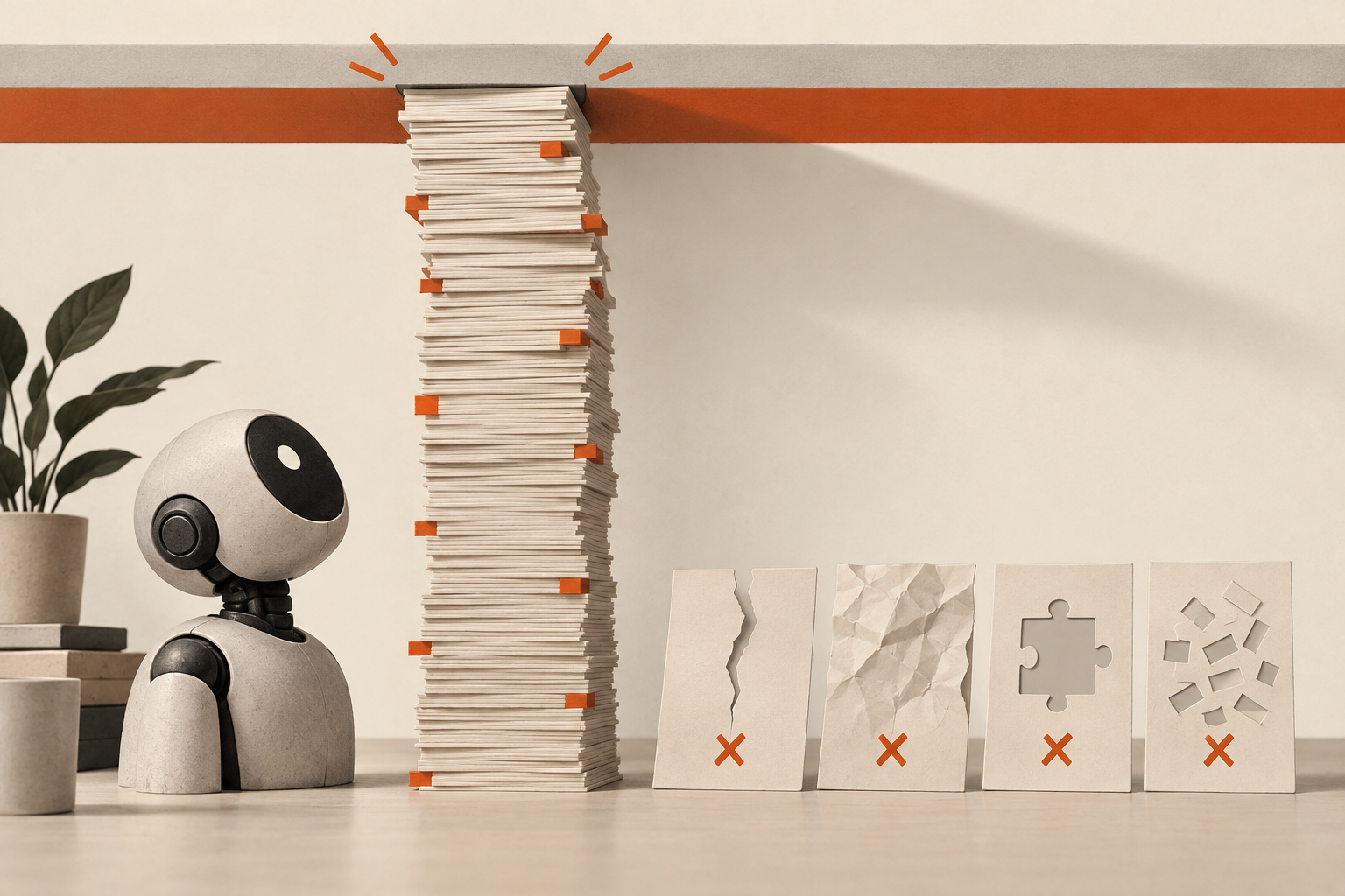 A stack of instruction slips rises past a low ceiling bar, with four cards failing in different ways.