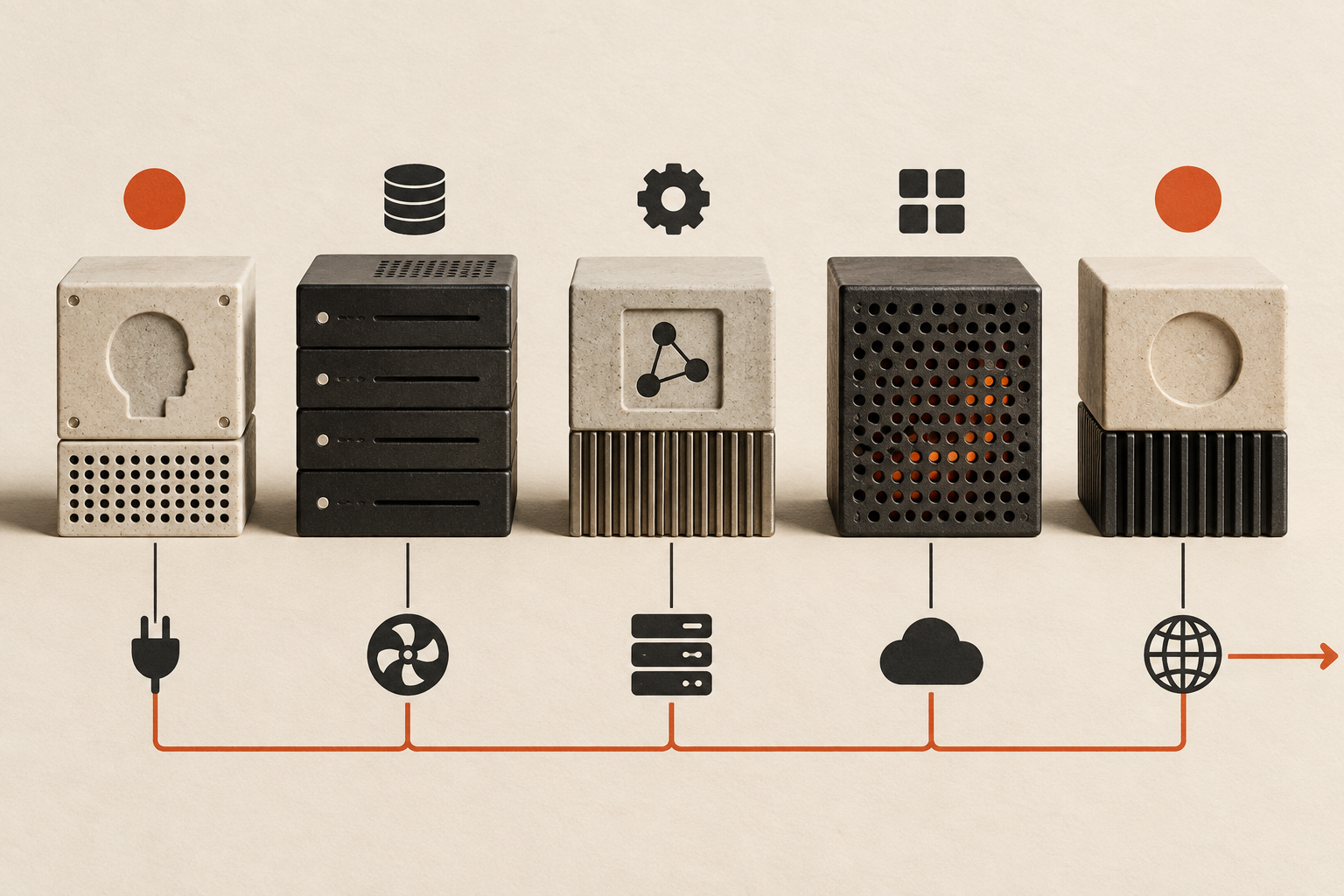 Five sculptural server-like modules on cream paper, linked by an orange line that continues beyond the frame.